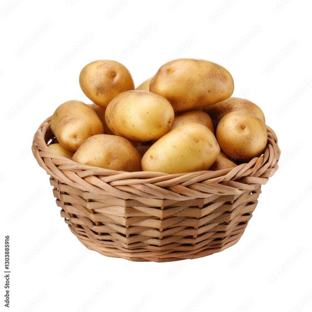 A small woven basket filled with raw potatoes on transparent background A small woven basket filled with raw potatoes on transparent background