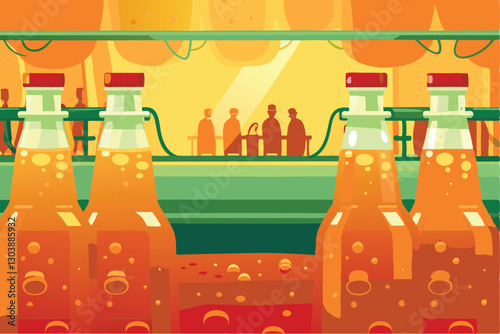 High-tech automated beverage bottling plant showcasing modern machinery, conveyor belts, and robotic arms filling bottles.  Trendy, futuristic aesthetic.