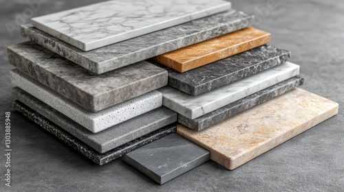Stacked marble and granite countertops, various colors, on dark surface.  Possible use kitchen design, interior design