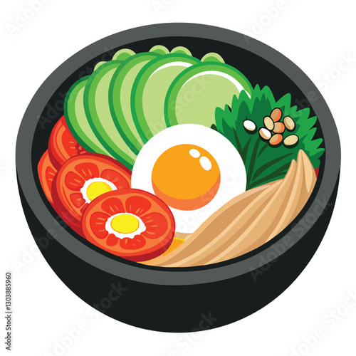 Vibrant bibimbap in a rustic Korean bowl, showcasing colorful vegetables, meat, and a fried egg, garnished with sesame seeds and gochujang.