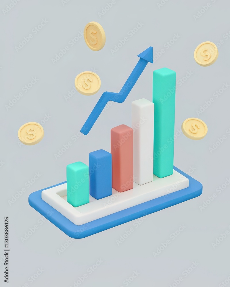 Colorful 3D Graph Representation with Coin Icons Depicting Financial Growth and Success Colorful 3D Graph Representation with Coin Icons Depicting Financial Growth and Success