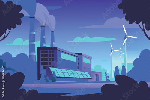 Illustrate a futuristic, eco-friendly factory powered entirely by solar, wind, and hydro energy, showcasing clean production processes and minimal environmental impact.
