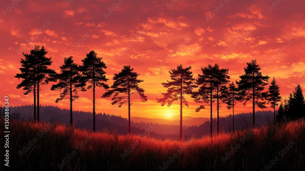 Fototapeta premium Silhouettes of Pines at Sunset Over Hills