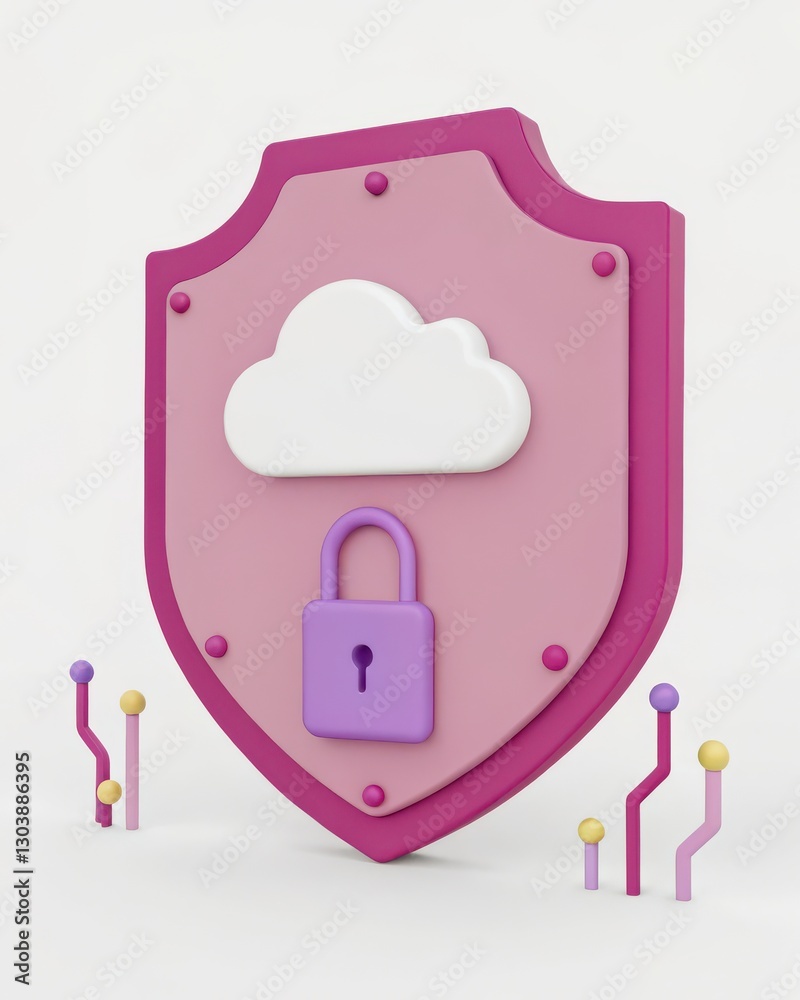 3D Illustration of a Pink Shield with Cloud and Lock Symbol Representing Cyber Security Concepts 3D Illustration of a Pink Shield with Cloud and Lock Symbol Representing Cyber Security Concepts