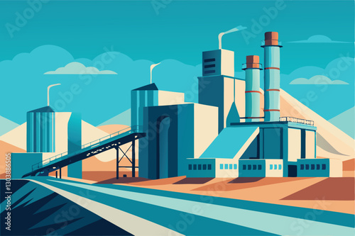 A sprawling industrial cement plant, showcasing the production process of building materials, including kilns, conveyors, and storage silos.  Show the scale and impact of the operation.