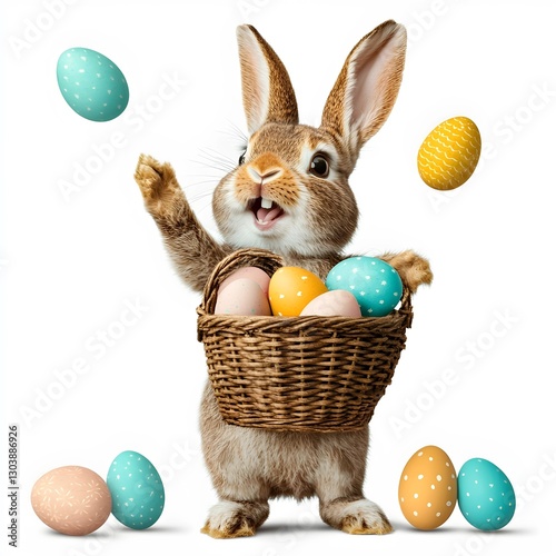 A cute bunny with a basket of Easter eggs  with colored eggs flying around