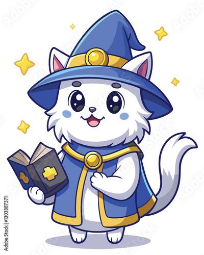 Adorable chibi wizard cat, fluffy white fur, pointy ears, wearing a tiny wizard hat, magical staff, whimsical expression.