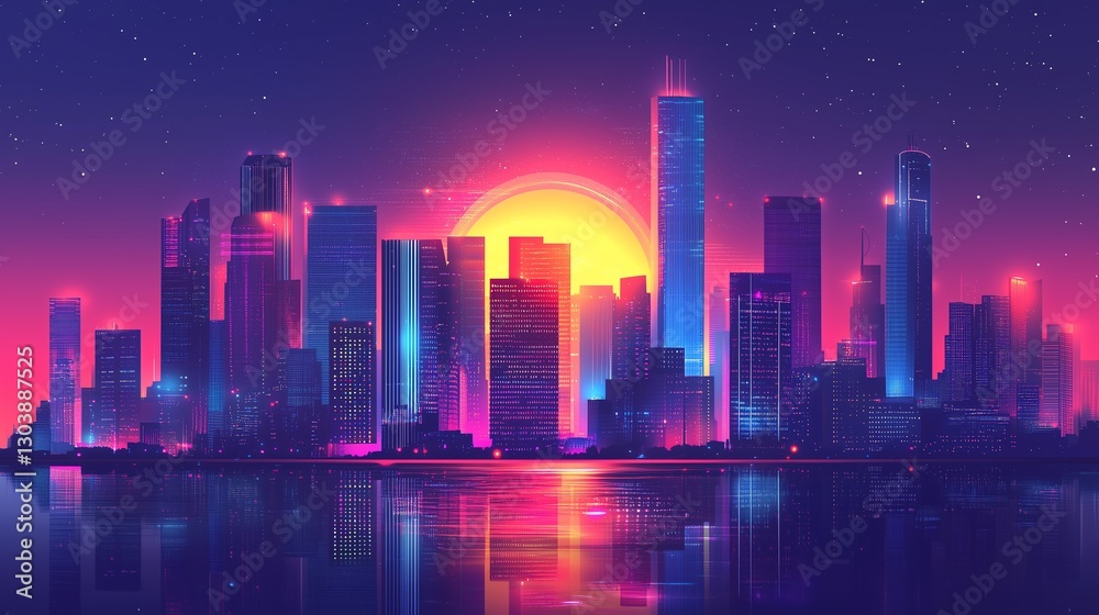 Fototapeta premium Modern cityscape with neon light effects. A minimalist abstract digital architecture illustration with clean geometric design and ample copy space for text.