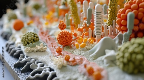 A highly detailed model showing antibiotic molecules inhibiting protein synthesis in bacteria photo