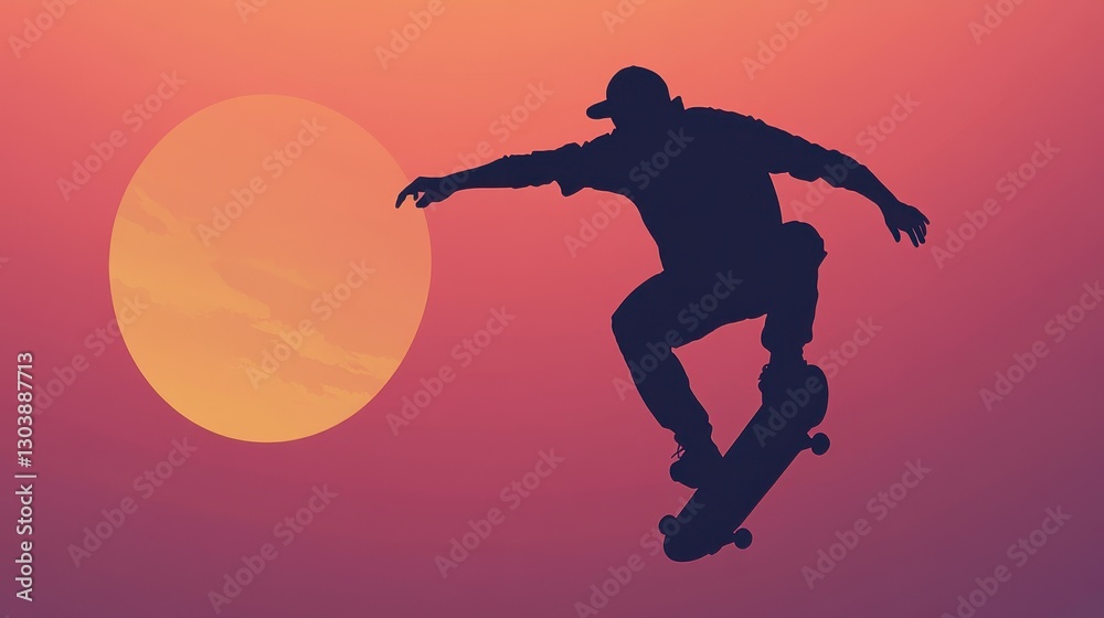 Silhouette of skateboarder performing a trick during sunset over a sun Silhouette of skateboarder performing a trick during sunset over a sun
