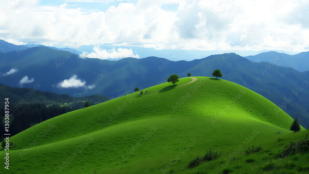 Fototapeta premium Serene Green Hill with Distant Mountain Range