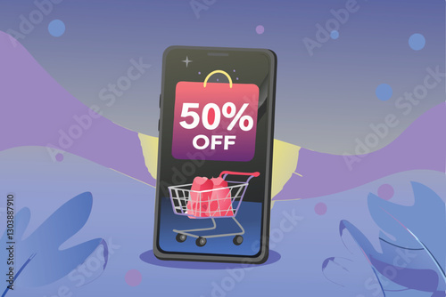 Design an app screen showcasing large discount banners and sale items for an online shopping app, emphasizing ease of navigation and user-friendly interface.
