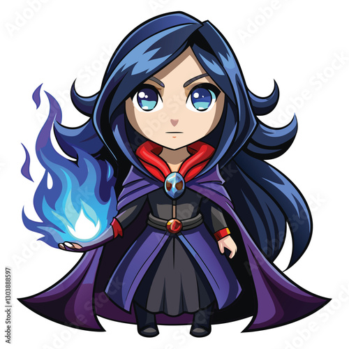Create a dark, cute chibi sorceress with long, flowing raven black hair, dripping crimson blood, holding a ruby.  Illustrate magical energy.