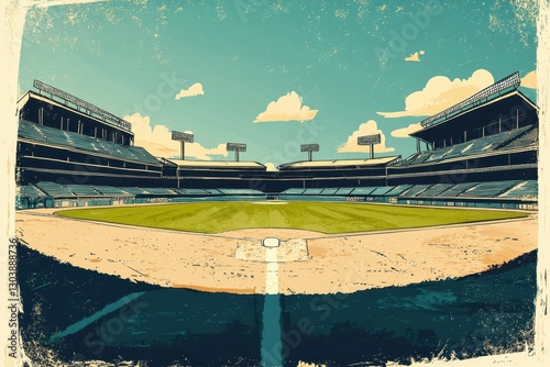 A vintage baseball stadium viewed during a clear and sunny day