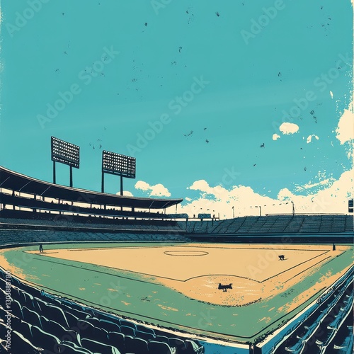 The baseball stadium with empty seating and bright blue skies photo