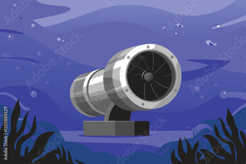A highly detailed illustration of an underwater turbine harnessing ocean currents to generate clean electricity, showcasing intricate engineering and marine life interaction.