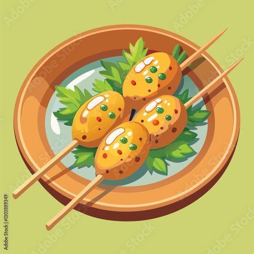 Close-up shot of several light beige eomuk (Korean fish cakes) skewered and arranged attractively.  Highlight the texture and subtle details of the fish cakes.