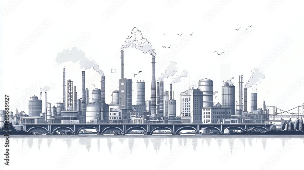Naklejka premium Industrial city vector illustration with thin line art, minimal buildings and factories, bridge, and traffic elements on a white background, offering a clean, detailed view of urban industry.