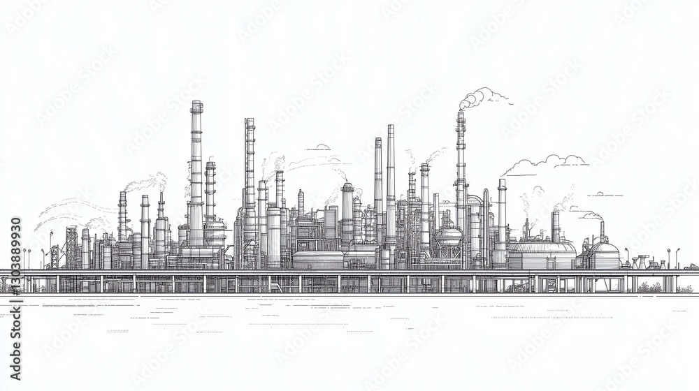 Fototapeta premium Industrial city vector illustration with thin line art, minimal buildings and factories, bridge, and traffic elements on a white background, offering a clean, detailed view of urban industry.