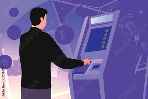 A person uses a smartphone app to exchange cryptocurrency at a Bitcoin ATM, showcasing the digital currency transaction process.