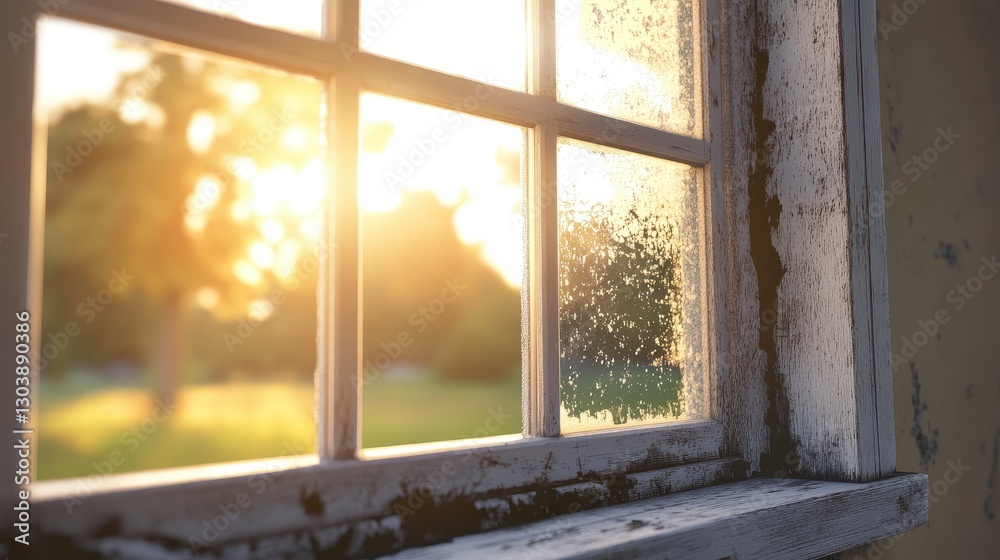 Fototapeta premium Sunlight Through a Rustic Window with Frosted Glass Reflection