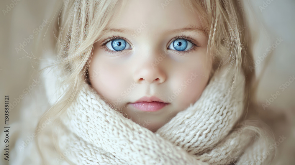 Portrait of an adorable little girl with big blue eyes and blonde hair wearing a white knitted scarf, generative AI Portrait of an adorable little girl with big blue eyes and blonde hair wearing a white knitted scarf, generative AI