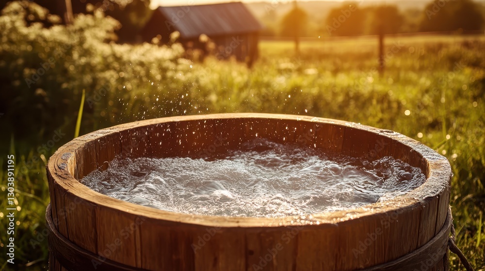 Wooden Barrel Filled with Water in Serene Countryside at Sunset Wooden Barrel Filled with Water in Serene Countryside at Sunset