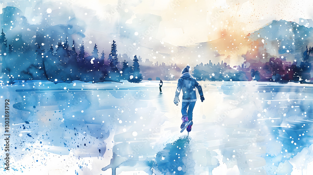 Fototapeta premium Skating on Frozen Lake watercolor