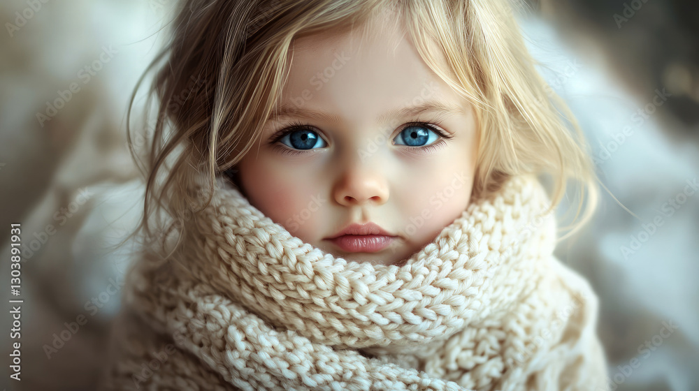Portrait of an adorable little girl with big blue eyes and blonde hair wearing a white knitted scarf, generative AI Portrait of an adorable little girl with big blue eyes and blonde hair wearing a white knitted scarf, generative AI