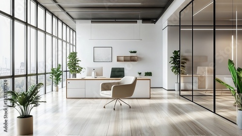 Modern Minimalist Office Design White Walls, Wood Desk, Panoramic Windows, Glass Partition, Beige Chair, 3D Render. Office Design, Interior Design