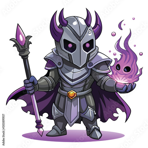 Create a kawaii illustration of a shadow knight, clad in sleek black and silver armor, wielding a miniature sword.  The knight should have large, expressive eyes.