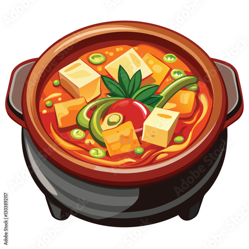 Close-up shot of bubbling kimchi jjigae in a rustic earthenware pot, showcasing its vibrant red spicy broth and ingredients.