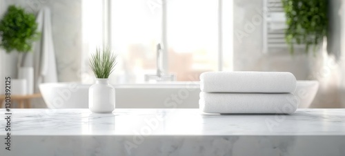 Spa Bathroom Marble Surface, Folded Towels, Minimalist Decor, Plant Bathroom Decor, Spa Setting