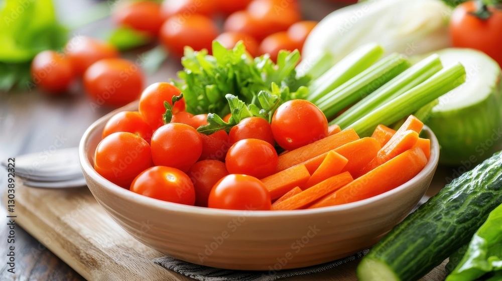 A colorful bowl of fresh vegetables, including cherry tomatoes, carrots, and celery, on a wooden surface, promoting healthy eating and vibrant colors. A colorful bowl of fresh vegetables, including cherry tomatoes, carrots, and celery, on a wooden surface, promoting healthy eating and vibrant colors.