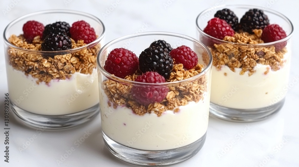 Three delightful parfaits layered with creamy yogurt, crunchy granola, and topped with fresh blackberries and raspberries. Three delightful parfaits layered with creamy yogurt, crunchy granola, and topped with fresh blackberries and raspberries.