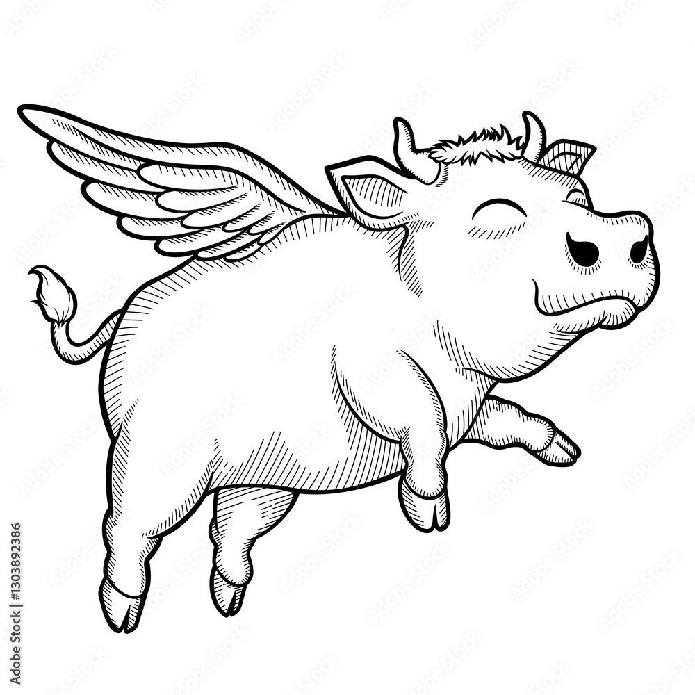 Fototapeta premium Whimsical Flying Cow: A black and white illustration of a smiling cow with wings soaring through the air, evoking a sense of fantasy and delight.
