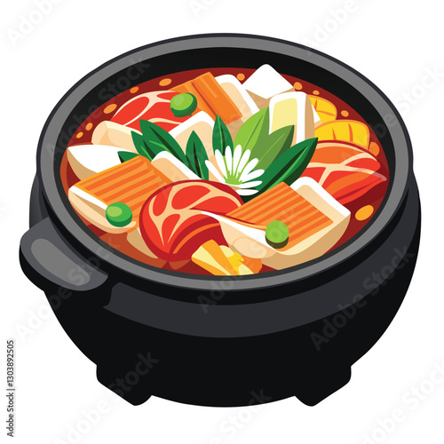 A steaming black stone pot filled with bubbling kimchi jjigae, showcasing its vibrant red color and rich texture.  Close-up shot emphasizing the food's appetizing qualities.