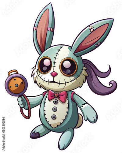 Render a dark, whimsical illustration of a small, distressed bunny rabbit with crudely stitched ears and buttocks, conveying a sense of unsettling charm.