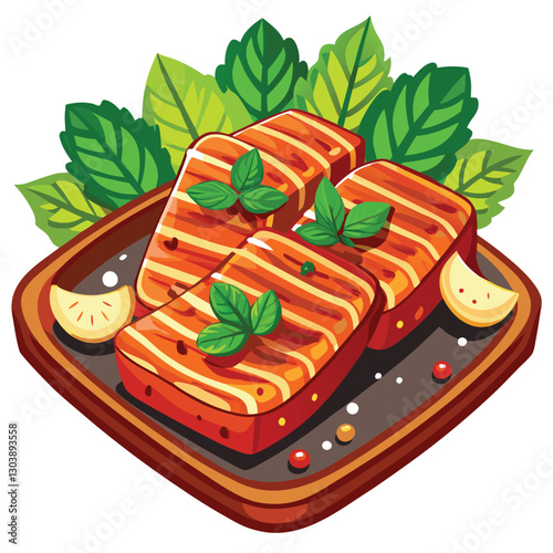 Sizzling samgyeopsal Thick-cut Korean BBQ pork belly grilling on a hot plate, glistening fat, smoky aroma.
