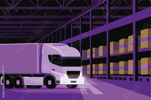 A futuristic self-driving semi-truck, laden with shipping containers, navigates a smart city highway.  High-resolution, detailed rendering.