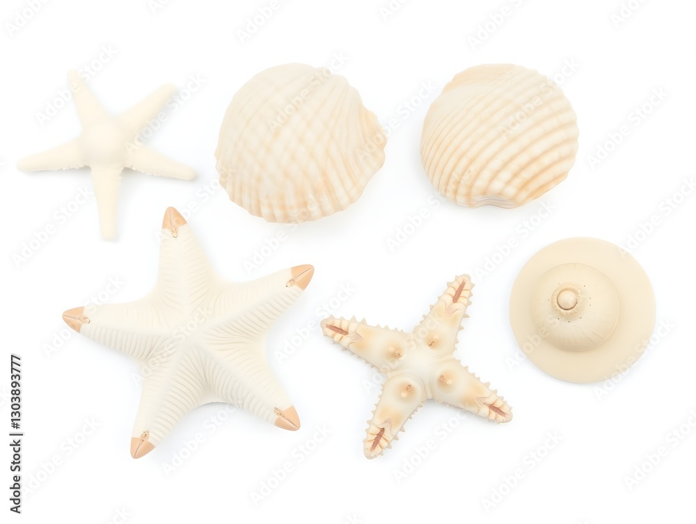 Set of seashells on white background, Scallop seashell logo, Ocean exotic underwater seashell conch aquatic mollusk, sea spiral snail, marine starfish, Hello, summer, Vacation, Undersea collection. Set of seashells on white background, Scallop seashell logo, Ocean exotic underwater seashell conch aquatic mollusk, sea spiral snail, marine starfish, Hello, summer, Vacation, Undersea collection.
