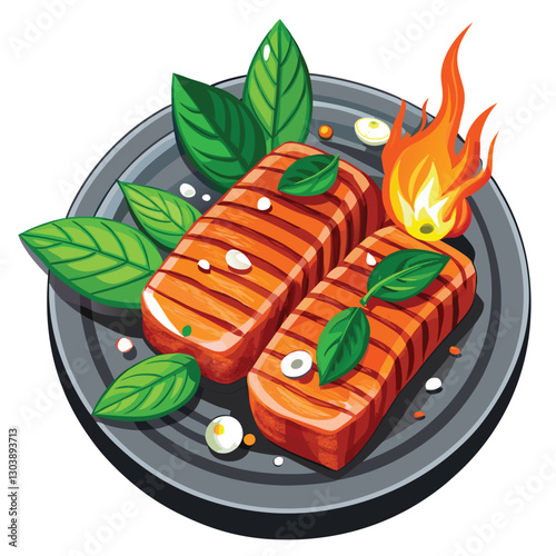 Juicy, thick-cut samgyeopsal sizzling on a hot grill, glistening with oil, ready to eat.  Close-up shot.
