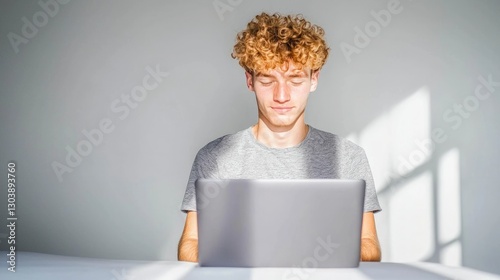 Young Man Working on Laptop  Focused  Concentrated  Home Office  Grey T Shirt  Curly Hair