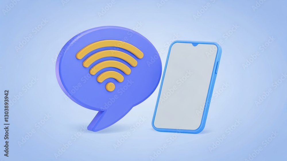 Creative 3D Illustration of Smartphone with WiFi Signal Bubble on Light Blue Background Creative 3D Illustration of Smartphone with WiFi Signal Bubble on Light Blue Background