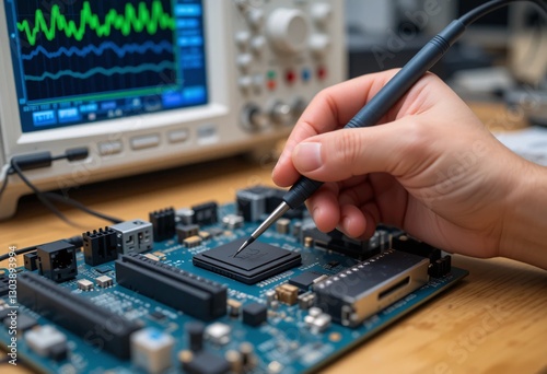 Electronic Diagnostics At Work. Precision Testing Of Microcontroller. Technology, Engineering Concepts. Oscilloscope Waveform Analysis. Detailed Close-up. Research And Development. Electronic Repair