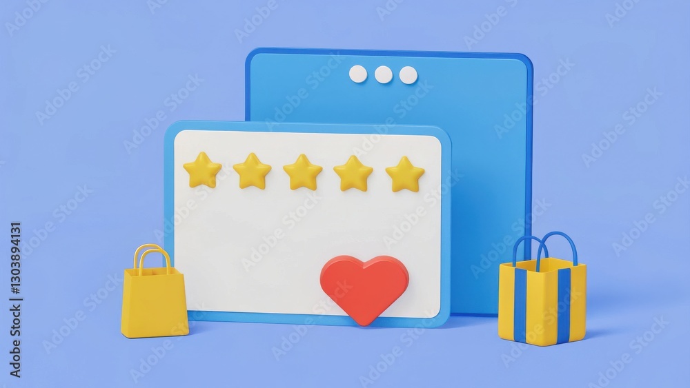 Colorful 3D Illustration of Customer Review Webpage with Shopping Bags and Star Ratings Colorful 3D Illustration of Customer Review Webpage with Shopping Bags and Star Ratings