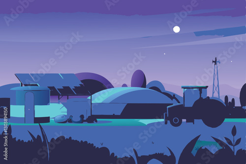 Illustrate a technologically advanced smart farm utilizing agricultural waste for renewable energy generation, showcasing solar panels, biogas digesters, and efficient irrigation.