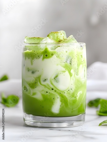 Iced Matcha Latte with Cream Swirl Refreshing Summer Drink Green Tea Beverage