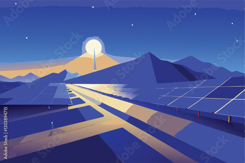Expansive desert solar farm; rows of photovoltaic panels under a clear blue sky; arid landscape; clean energy; sustainable technology.