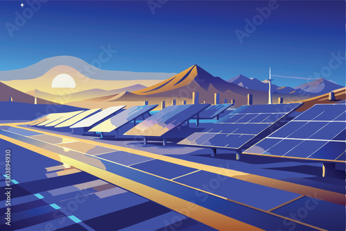 Expansive solar panel farm amidst arid desert landscape; clear blue sky, showcasing clean energy generation.